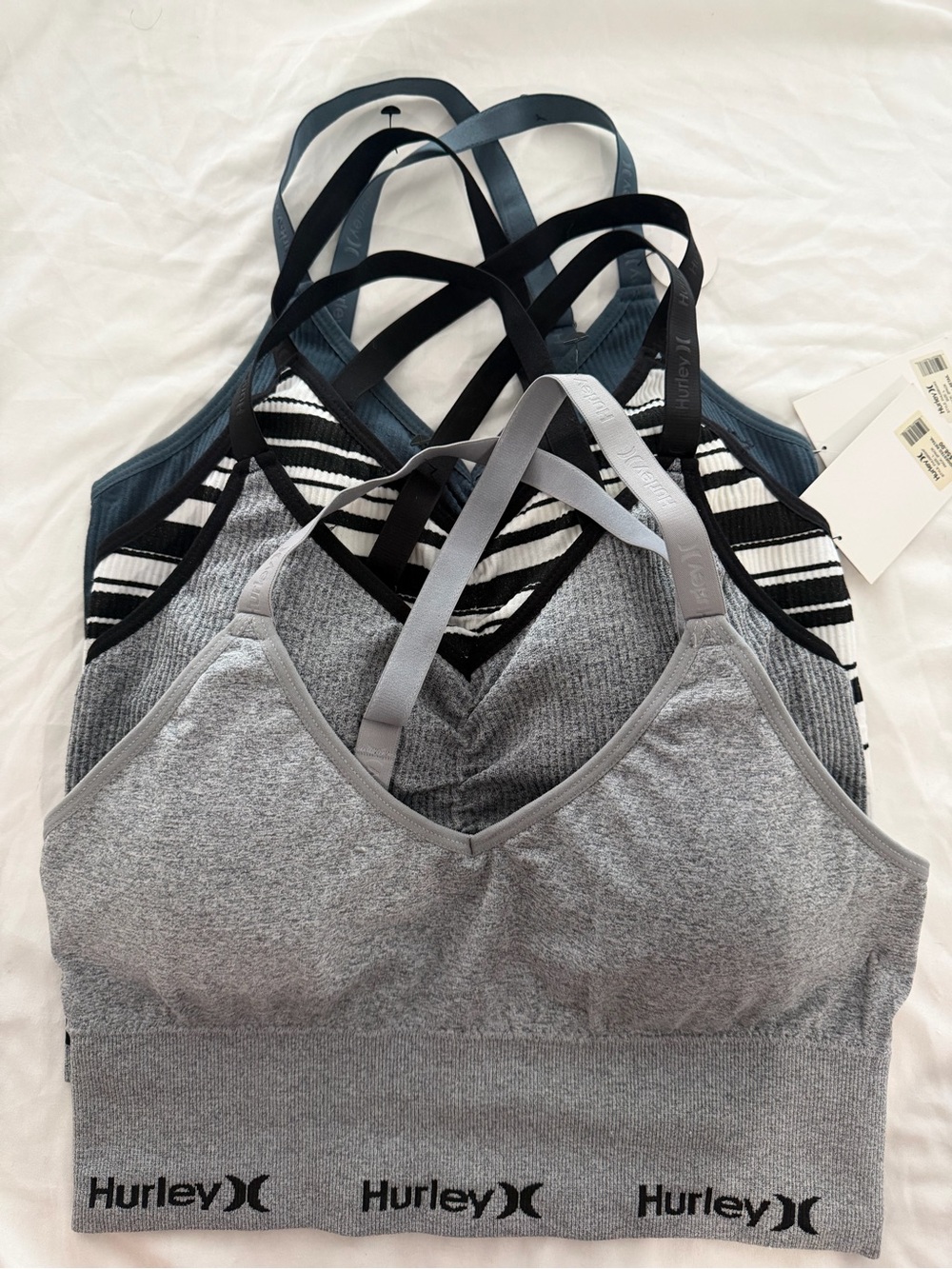 Bundle Of 4 Hurley Women's Seamless Sports Bralette - Grey, Black & white, blue.